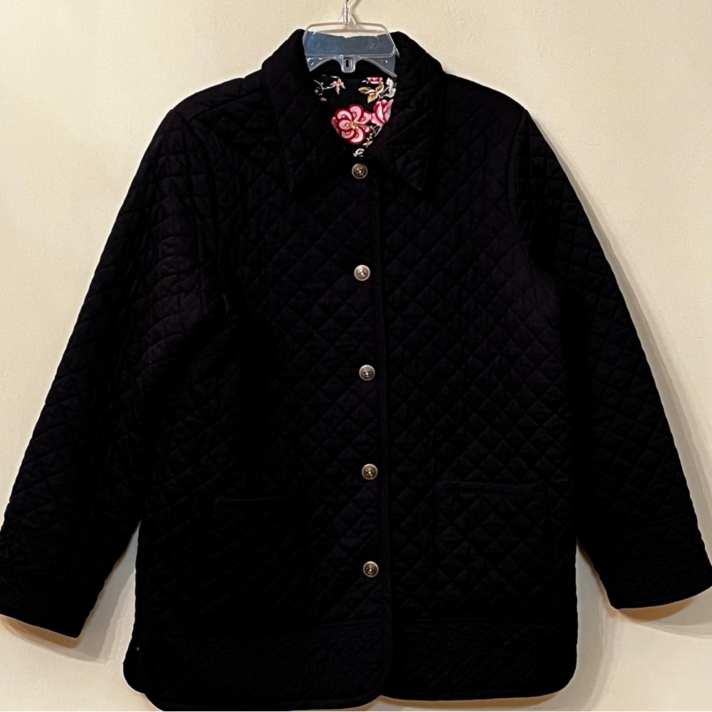Denim&Co Black Floral Quilted Reversible Puffer Jacket Size L